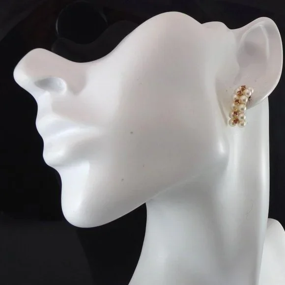 Solid 14K Yellow Gold Pearl Ruby Hoop Earrings - Picture 2 of 4